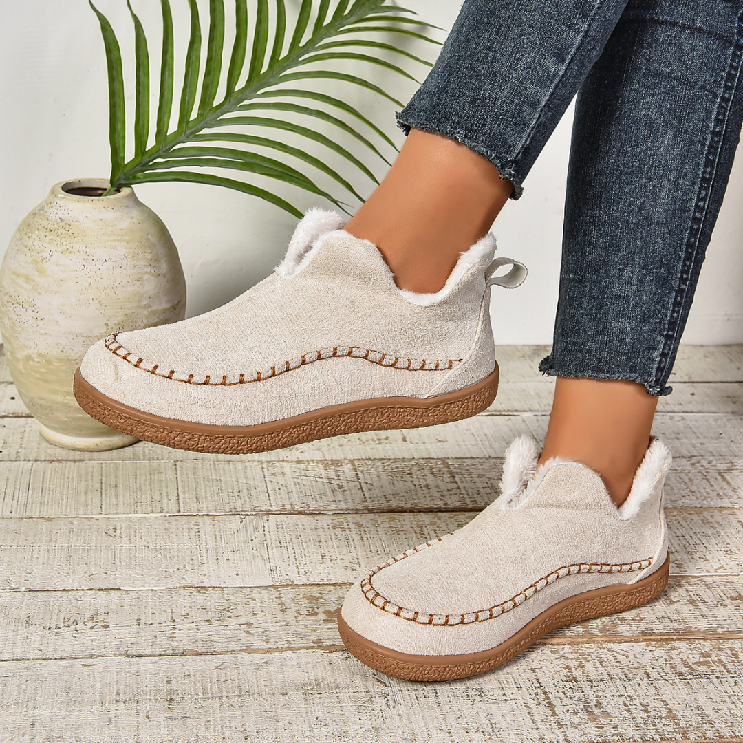 Women's Faux Fur Lined Slip-On Slippers β Moccasin Style with Stitched Trim