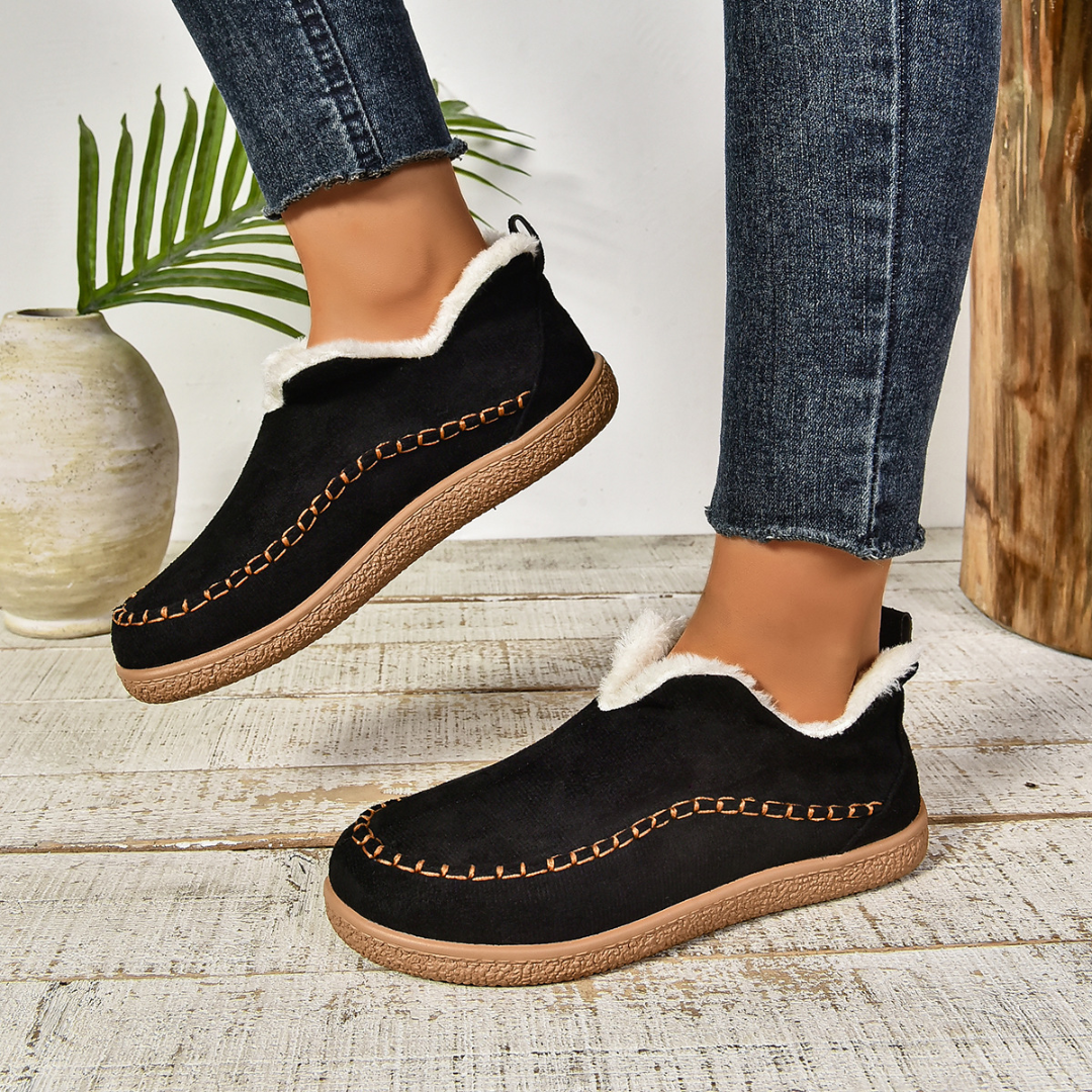 Women's Faux Fur Lined Slip-On Slippers β Moccasin Style with Stitched Trim