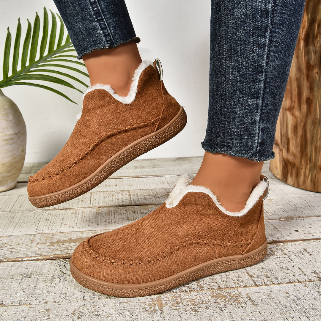 Women's Faux Fur Lined Slip-On Slippers β Moccasin Style with Stitched Trim