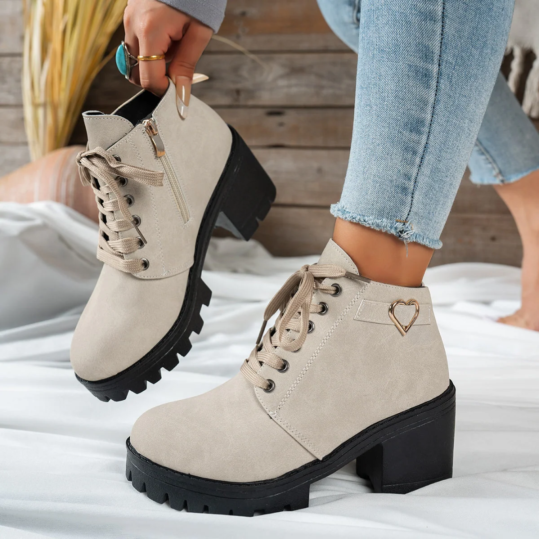 Women's Lace-Up Ankle Boots with Heart Buckle β Chunky Block Heel