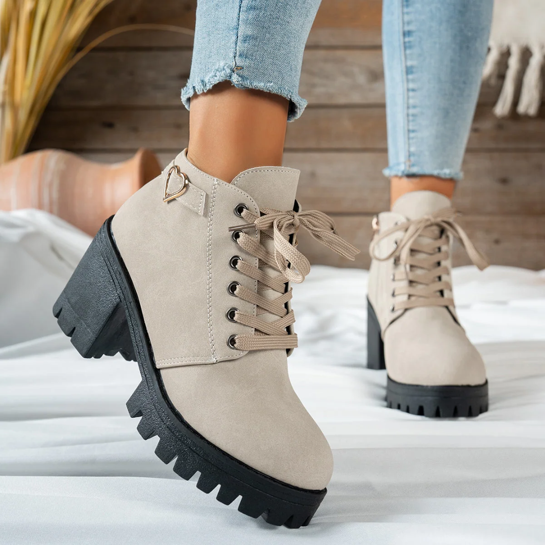 Women's Lace-Up Ankle Boots with Heart Buckle β Chunky Block Heel