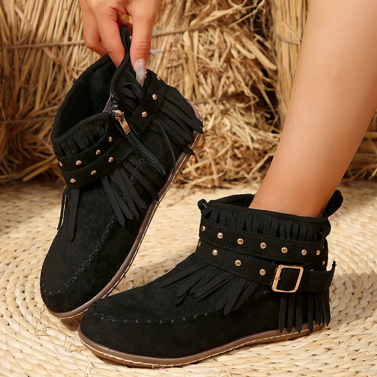 Chic Black Ankle Boots for Women β Stylish Western Buckle Design