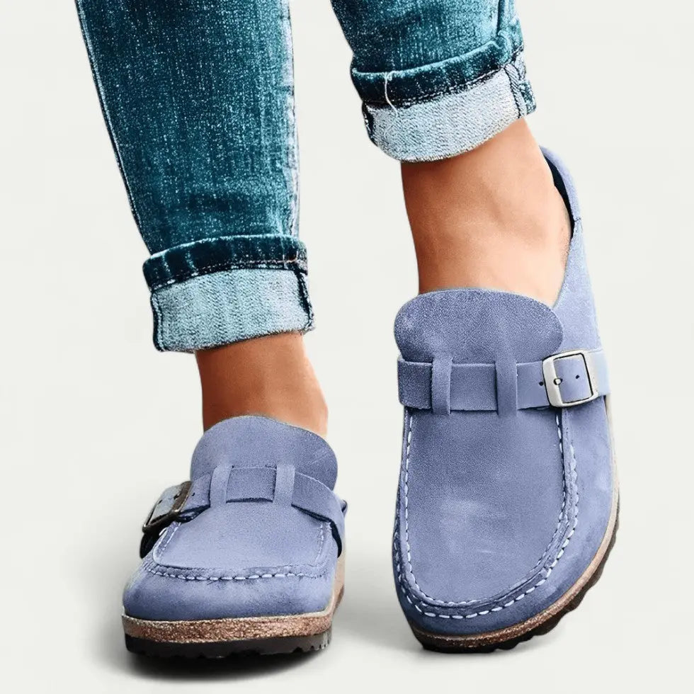 Women's Comfort Suede Mules with Buckle Detail Bareroots Footwear