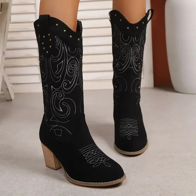 Embroidered Mid-Calf Boots for Women β Stylish & Comfortable Black Design
