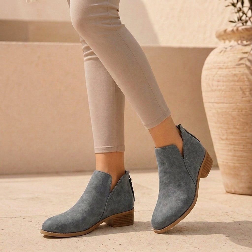 Women's V-Cut Side Zip Ankle Boots β Low Block Heel Comfort