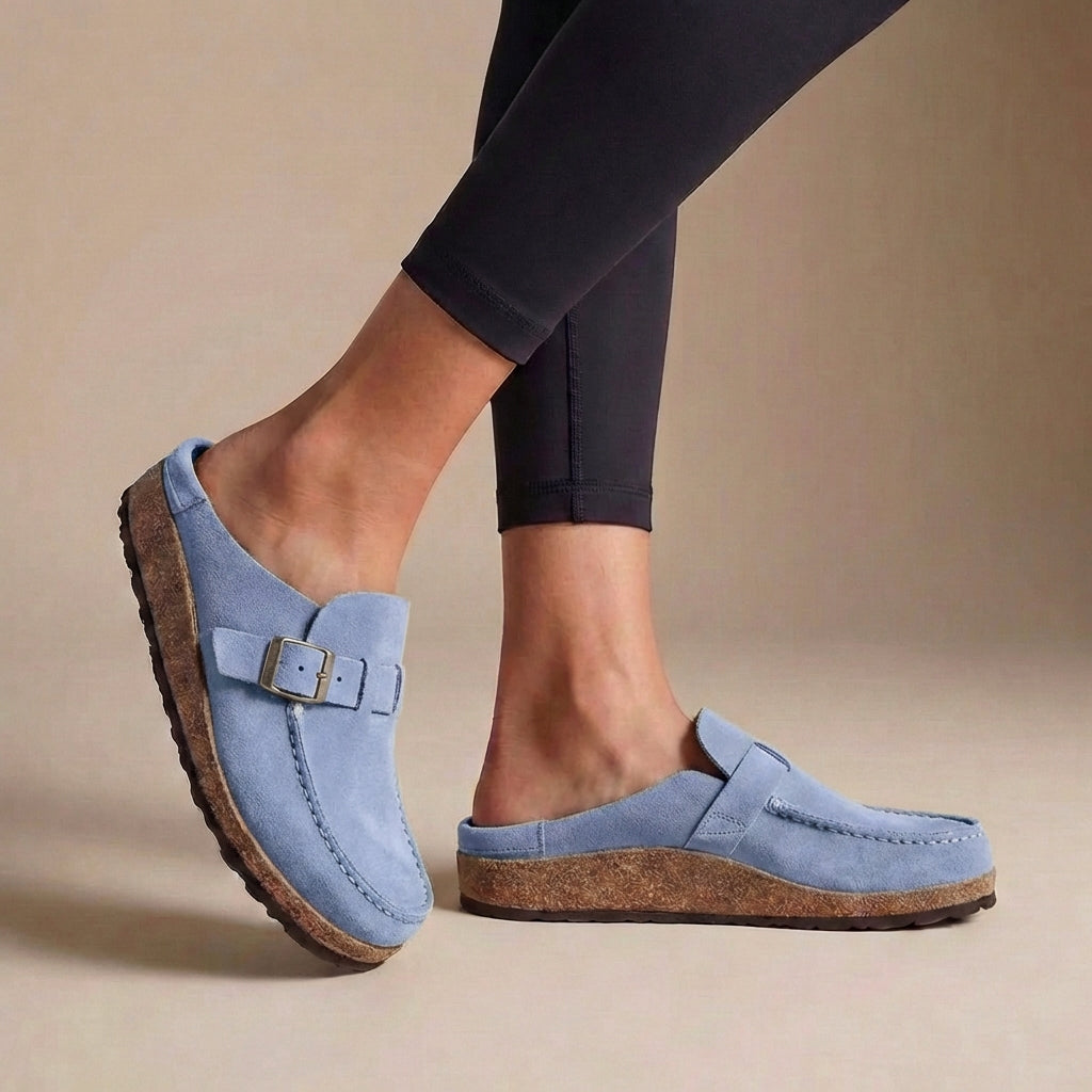 Suede Buckle Clogs for Women β Slip-On Design & Cushioned Cork Support