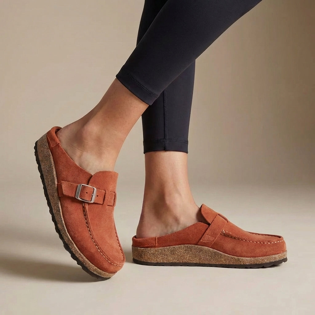 Suede Buckle Clogs for Women β Slip-On Design & Cushioned Cork Support