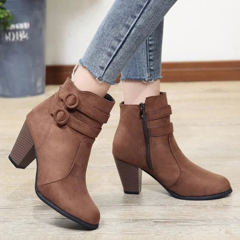 Retro Belt Buckle Block Heel Boots for Women β Stylish & Versatile