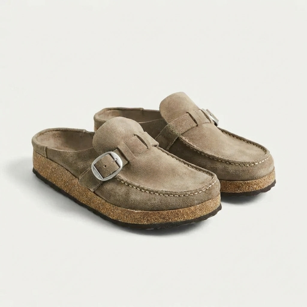 Suede Buckle Clogs for Women β Slip-On Design & Cushioned Cork Support