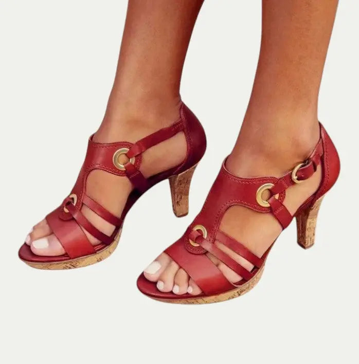 Women Leather Block Heel Summer Sandals