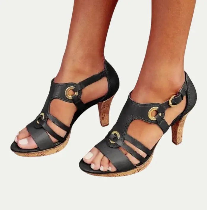Women Leather Block Heel Summer Sandals