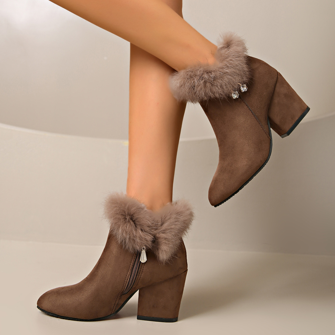 Women's Ankle Boots with Faux Fur Cuffs – Chunky Block Heel