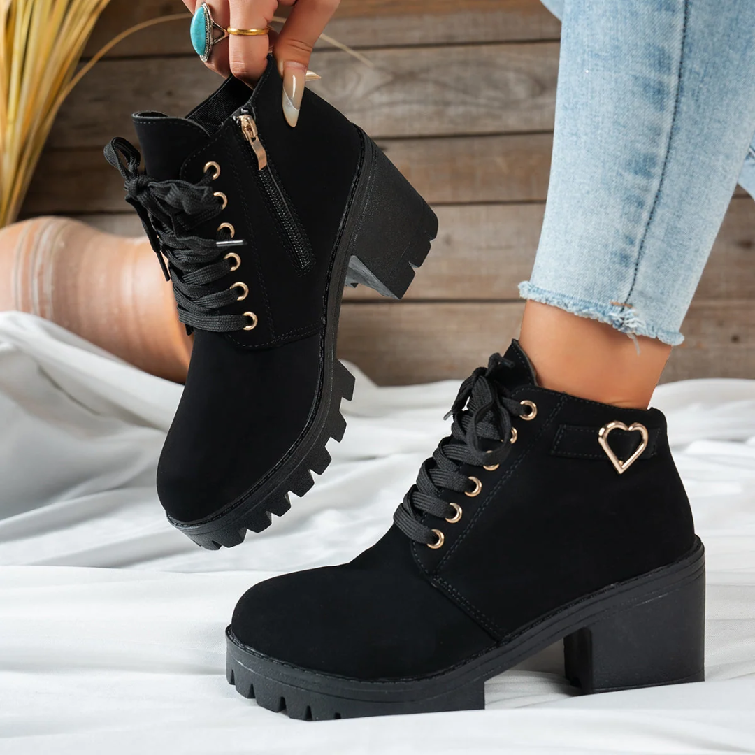 Women's Lace-Up Ankle Boots with Heart Buckle – Chunky Block Heel