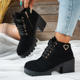 Women's Lace-Up Ankle Boots with Heart Buckle – Chunky Block Heel