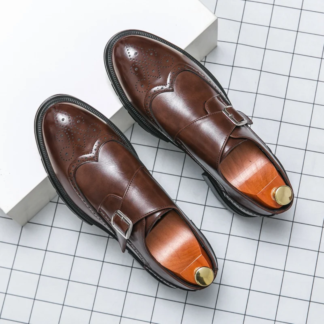 Men's Monk Strap Dress Shoes – Brogue Detail with Buckle Closure