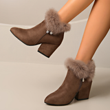 Women's Ankle Boots with Faux Fur Cuffs – Chunky Block Heel
