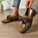 Women's Patent Loafers with Bow Detail – Classic Low Heel Slip-On Shoes