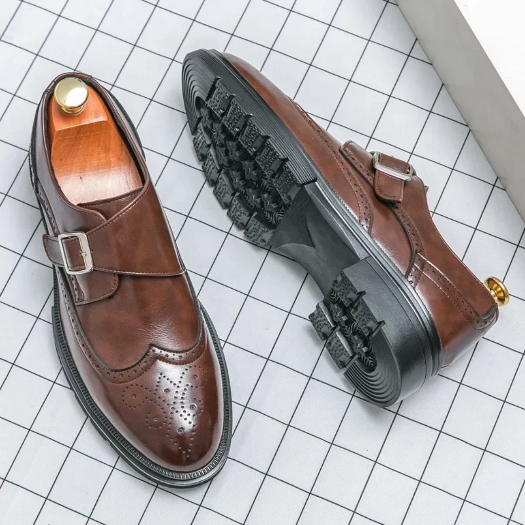 Men's Monk Strap Dress Shoes – Brogue Detail with Buckle Closure