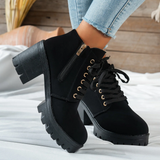 Women's Lace-Up Ankle Boots with Heart Buckle – Chunky Block Heel