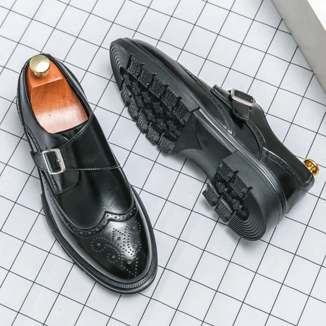 Men's Monk Strap Dress Shoes – Brogue Detail with Buckle Closure