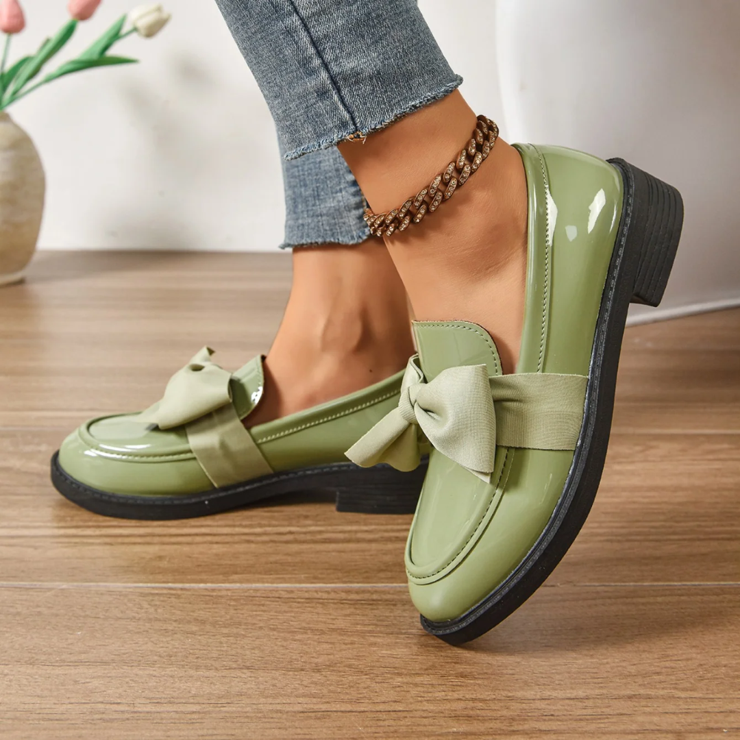 Women's Patent Loafers with Bow Detail – Classic Low Heel Slip-On Shoes
