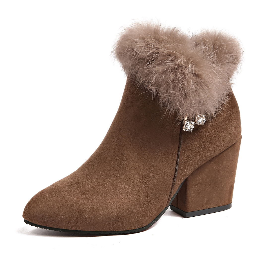 Women's Ankle Boots with Faux Fur Cuffs – Chunky Block Heel