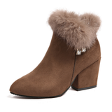 Women's Ankle Boots with Faux Fur Cuffs – Chunky Block Heel