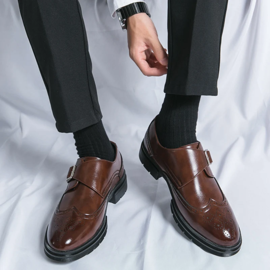 Men's Monk Strap Dress Shoes – Brogue Detail with Buckle Closure