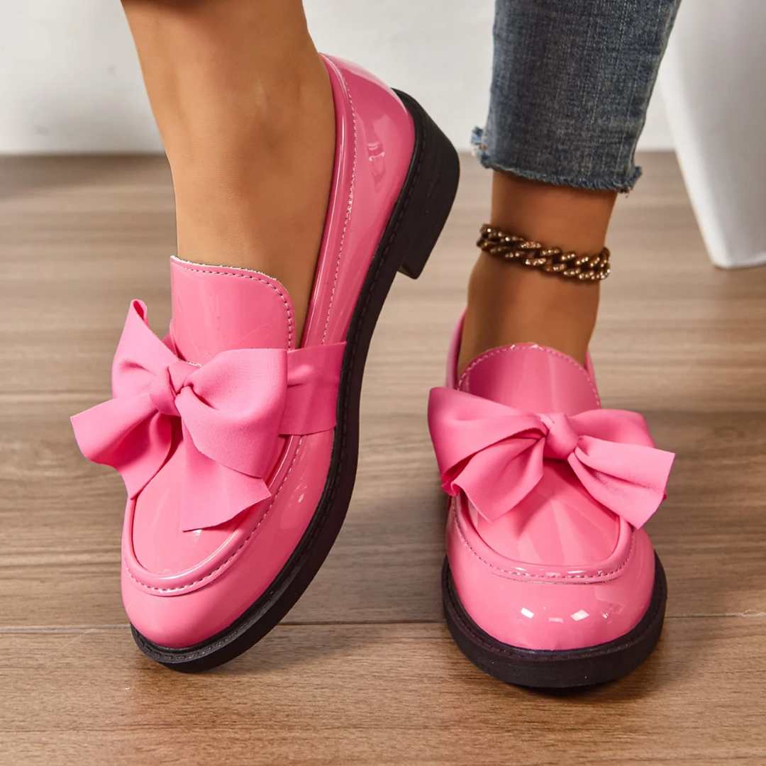 Women's Patent Loafers with Bow Detail – Classic Low Heel Slip-On Shoes