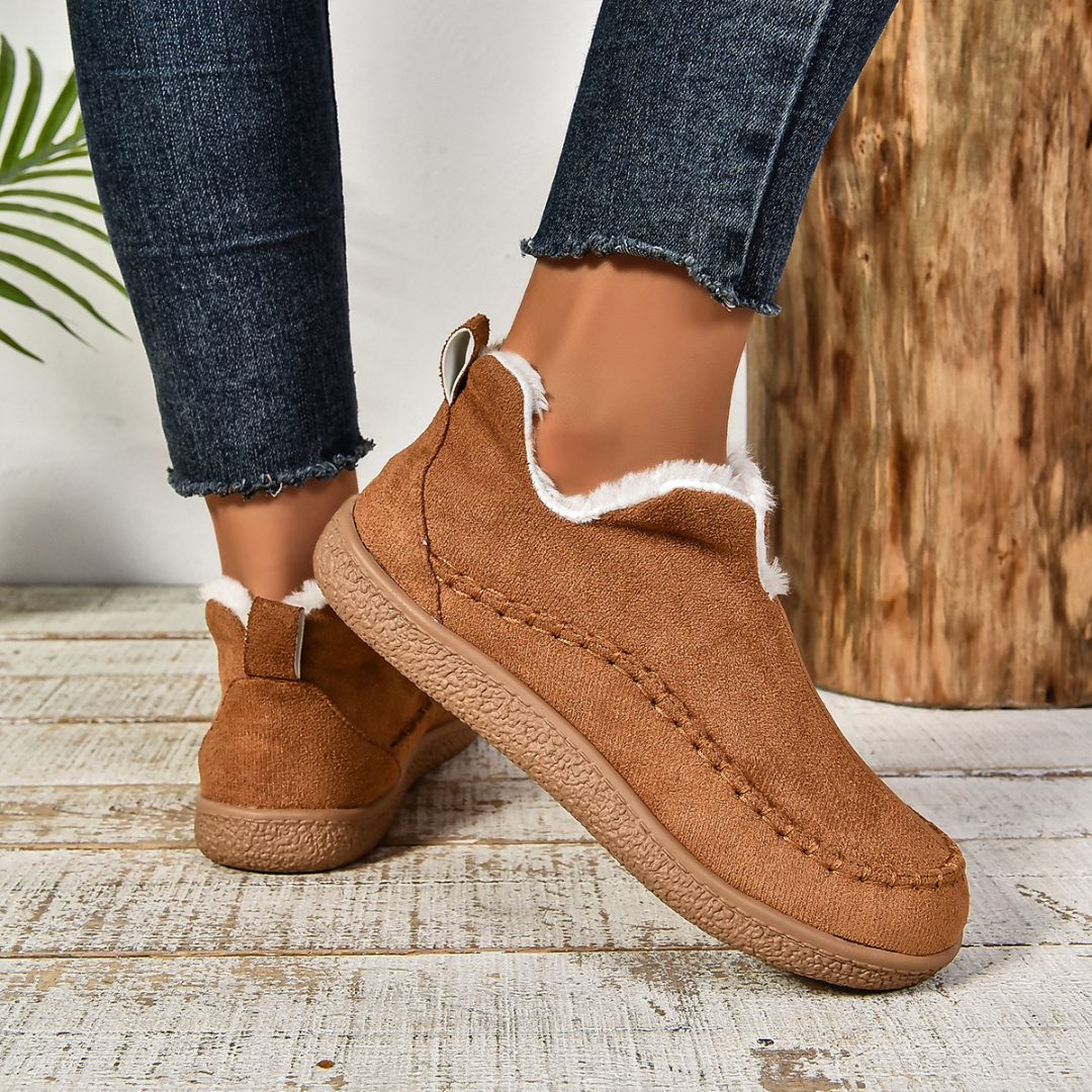 Women's Faux Fur Lined Slip-On Slippers – Moccasin Style with Stitched Trim