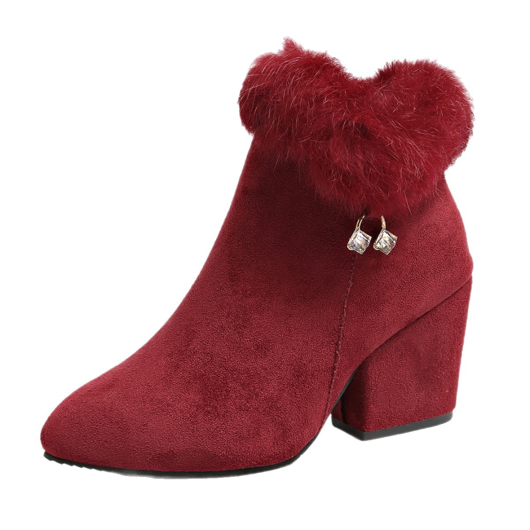 Women's Ankle Boots with Faux Fur Cuffs – Chunky Block Heel