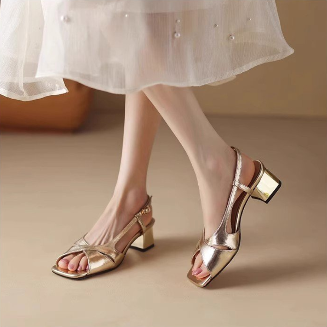 Metallic Block Heel Sandals for Women – Elegant & Stylish
