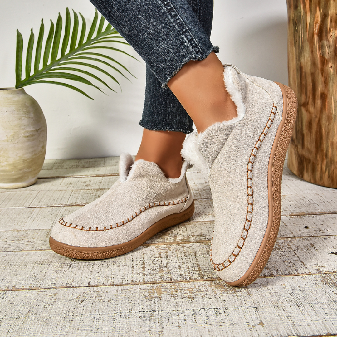 Women's Faux Fur Lined Slip-On Slippers – Moccasin Style with Stitched Trim