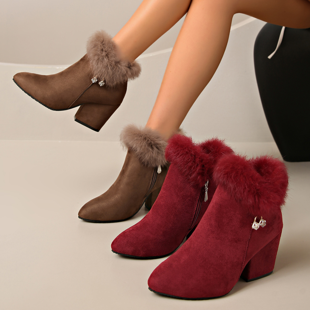 Women's Ankle Boots with Faux Fur Cuffs – Chunky Block Heel