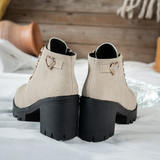 Women's Lace-Up Ankle Boots with Heart Buckle – Chunky Block Heel