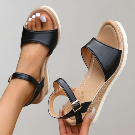 Adjustable Black Wedge Sandals for Women – Stylish & Comfortable