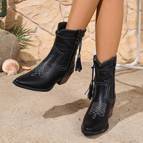 Ankle Cowboy Boots for Women – Stylish Tassel & Stitch Detail