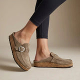 Suede Buckle Clogs for Women – Slip-On Design & Cushioned Cork Support