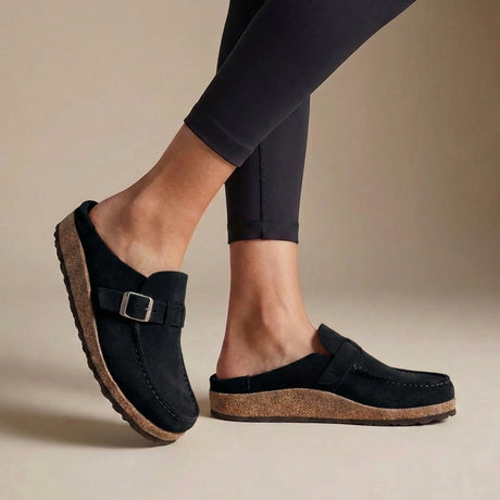 Suede Buckle Clogs for Women – Slip-On Design & Cushioned Cork Support