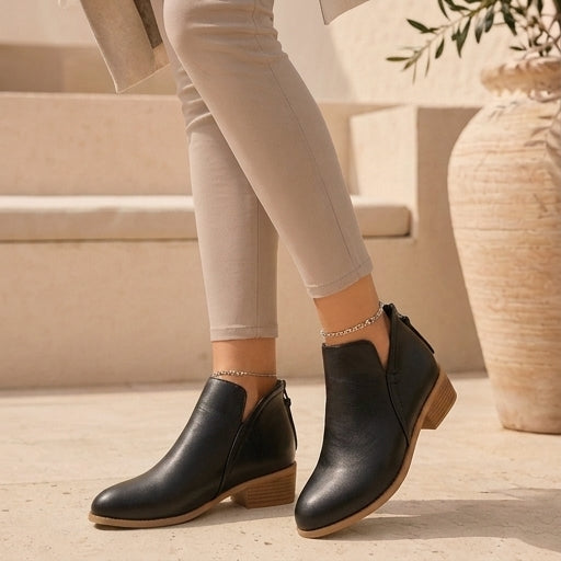 Women's V-Cut Side Zip Ankle Boots – Low Block Heel Comfort