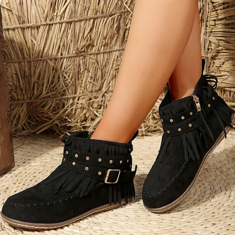 Chic Black Ankle Boots for Women – Stylish Western Buckle Design