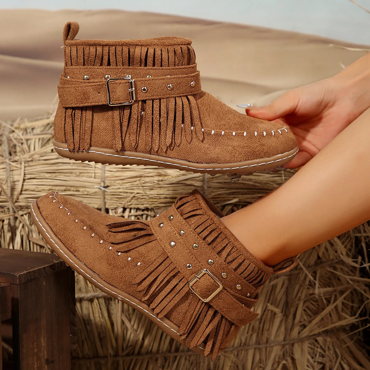 Chic Black Ankle Boots for Women – Stylish Western Buckle Design