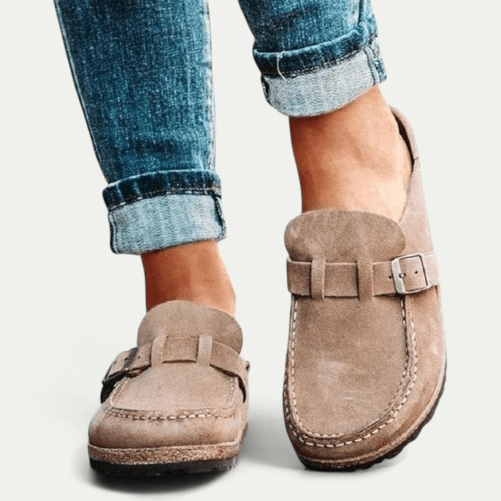 Comfort Suede Mules with Buckle Detail