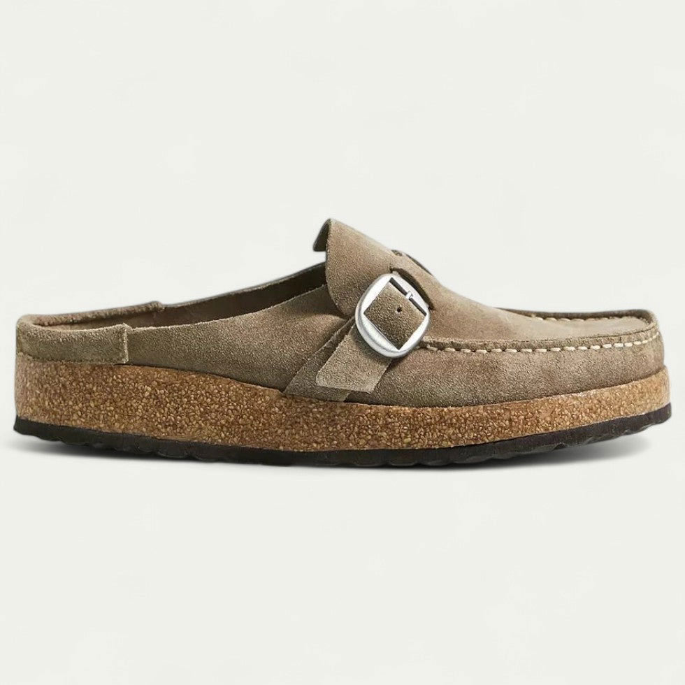 Comfort Suede Mules with Buckle Detail