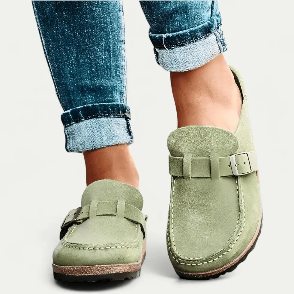Women's Comfort Suede Mules with Buckle Detail Bareroots Footwear