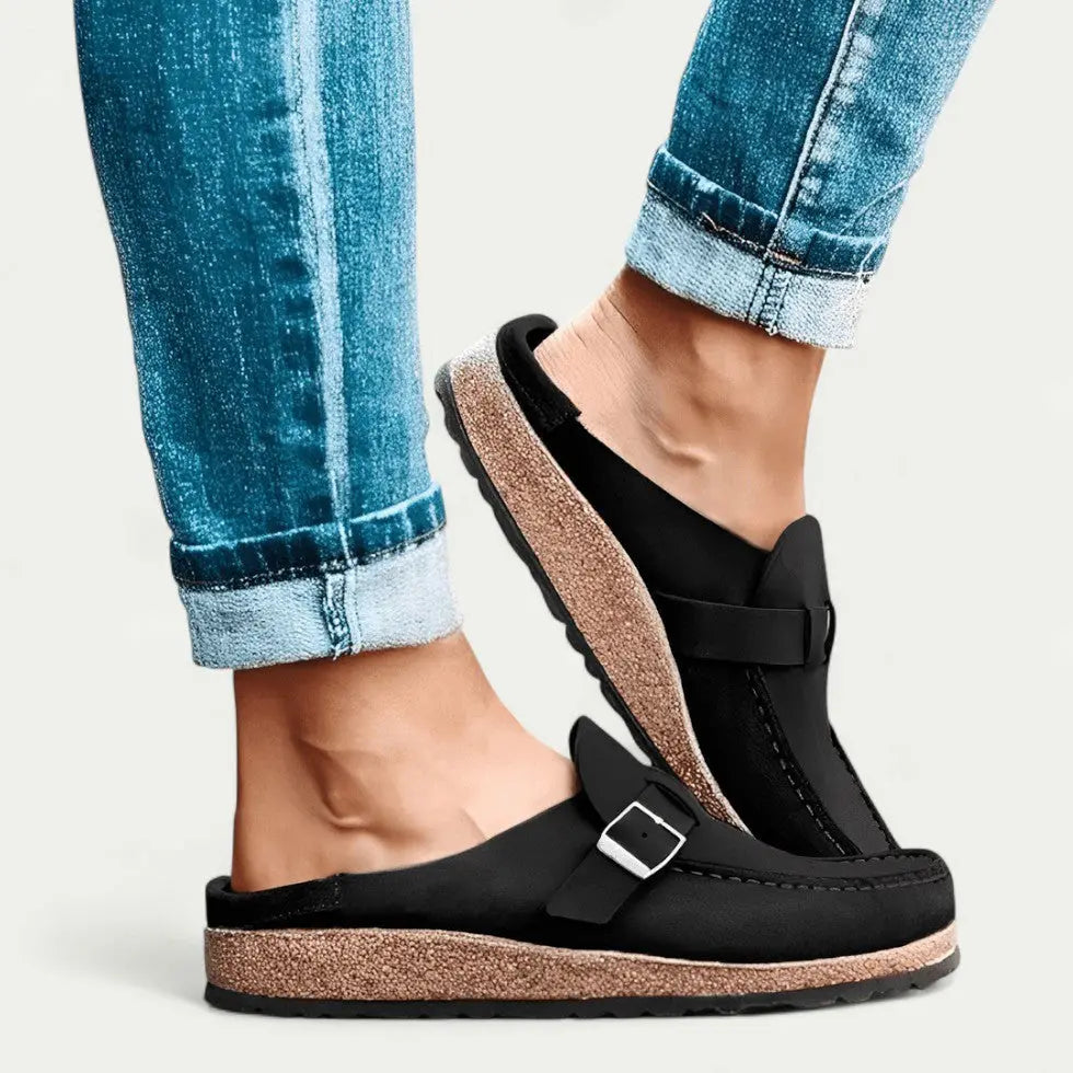 Women's Comfort Suede Mules with Buckle Detail Bareroots Footwear