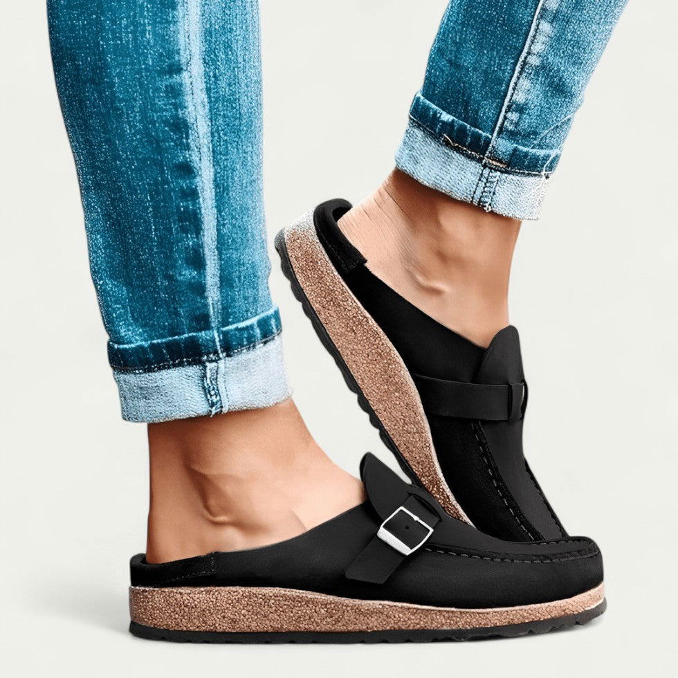 Comfort Suede Mules with Buckle Detail