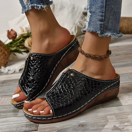 Croc-Embossed Wedge Sandals for Women – Stylish & Comfortable Wedge Heels