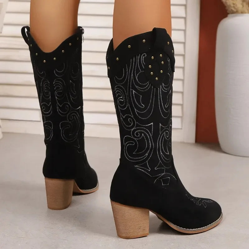 Embroidered Mid-Calf Boots for Women – Stylish & Comfortable Black Design