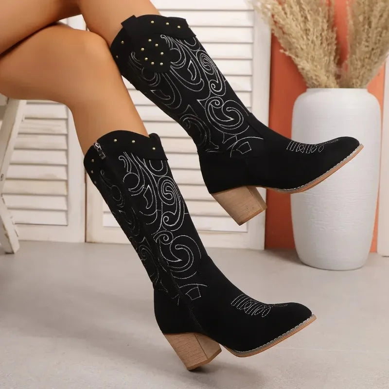 Embroidered Mid-Calf Boots for Women – Stylish & Comfortable Black Design